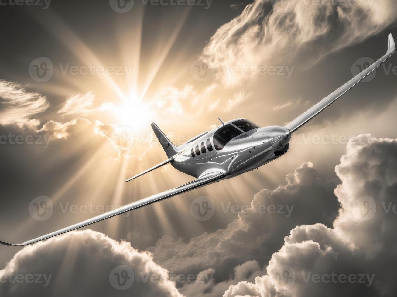 A small airplane flying through the clouds photo