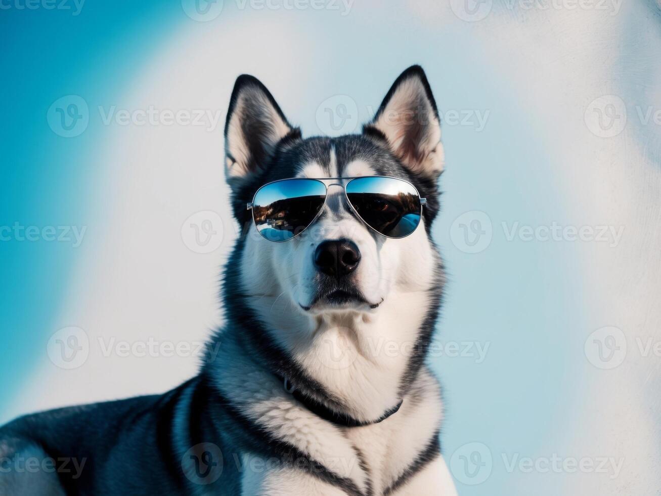 A husky dog wearing sunglasses and looking at the camera photo