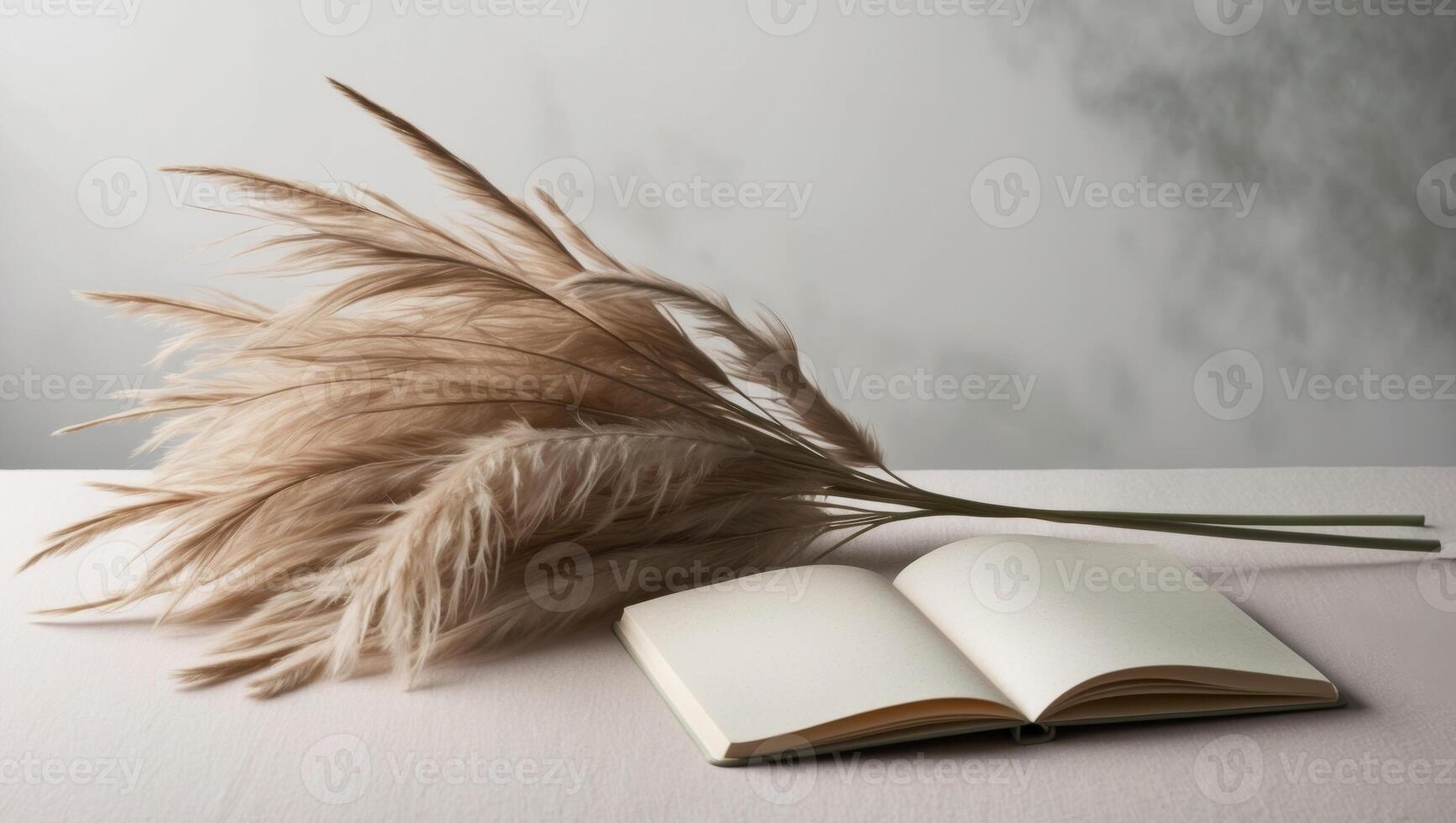 Pampas grass and open book on table photo