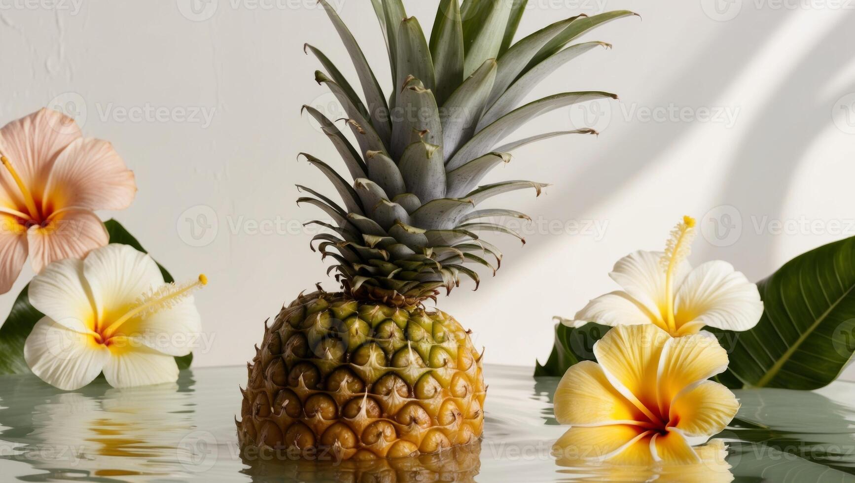 A pineapple is sitting in water with flowers photo