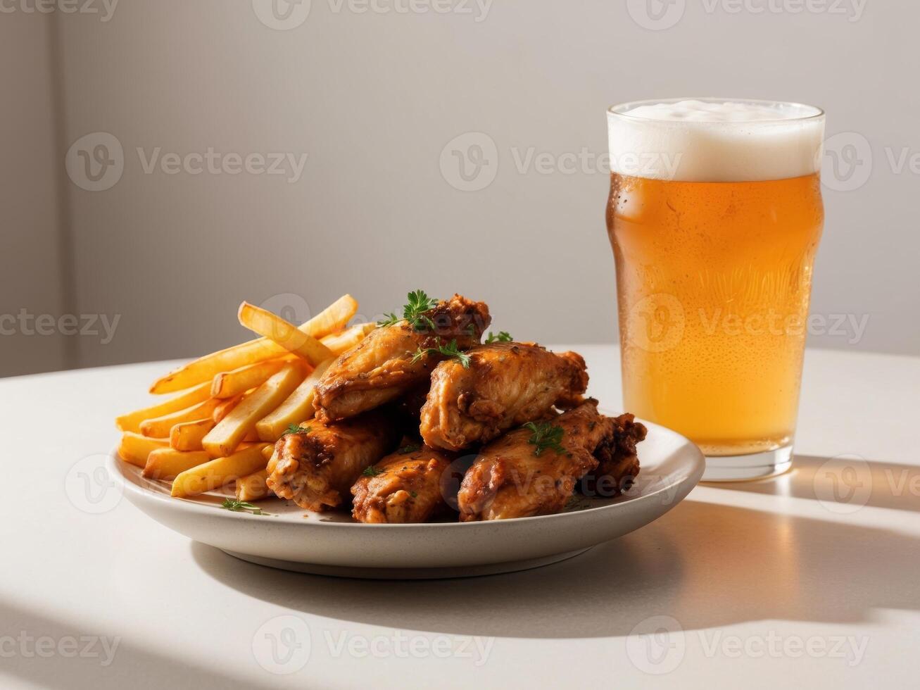 A plate of wings and french fries with a beer photo