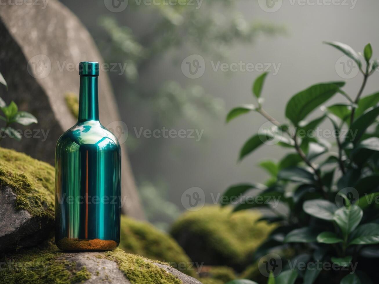 A bottle of wine sitting on top of a rock photo
