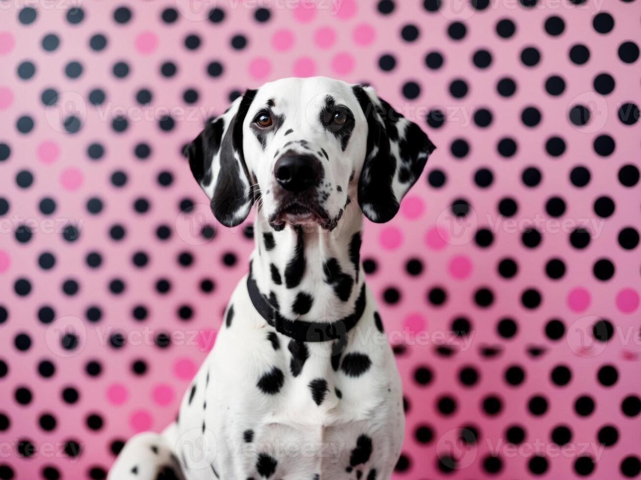 A dalmatian dog sitting in front of a pink polka dot background photo