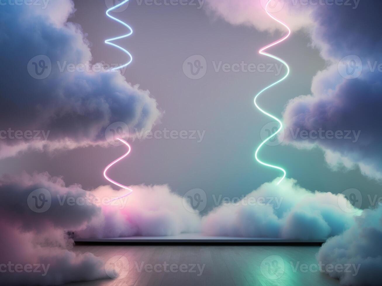 A room with neon lights and clouds photo