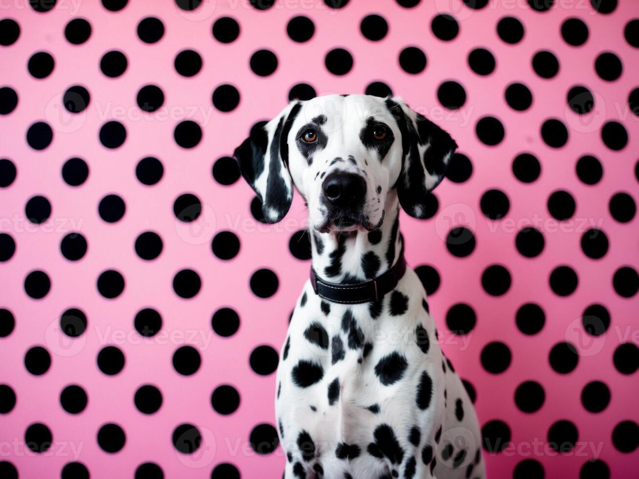 A dalmatian dog is sitting in front of a pink polka dot background photo