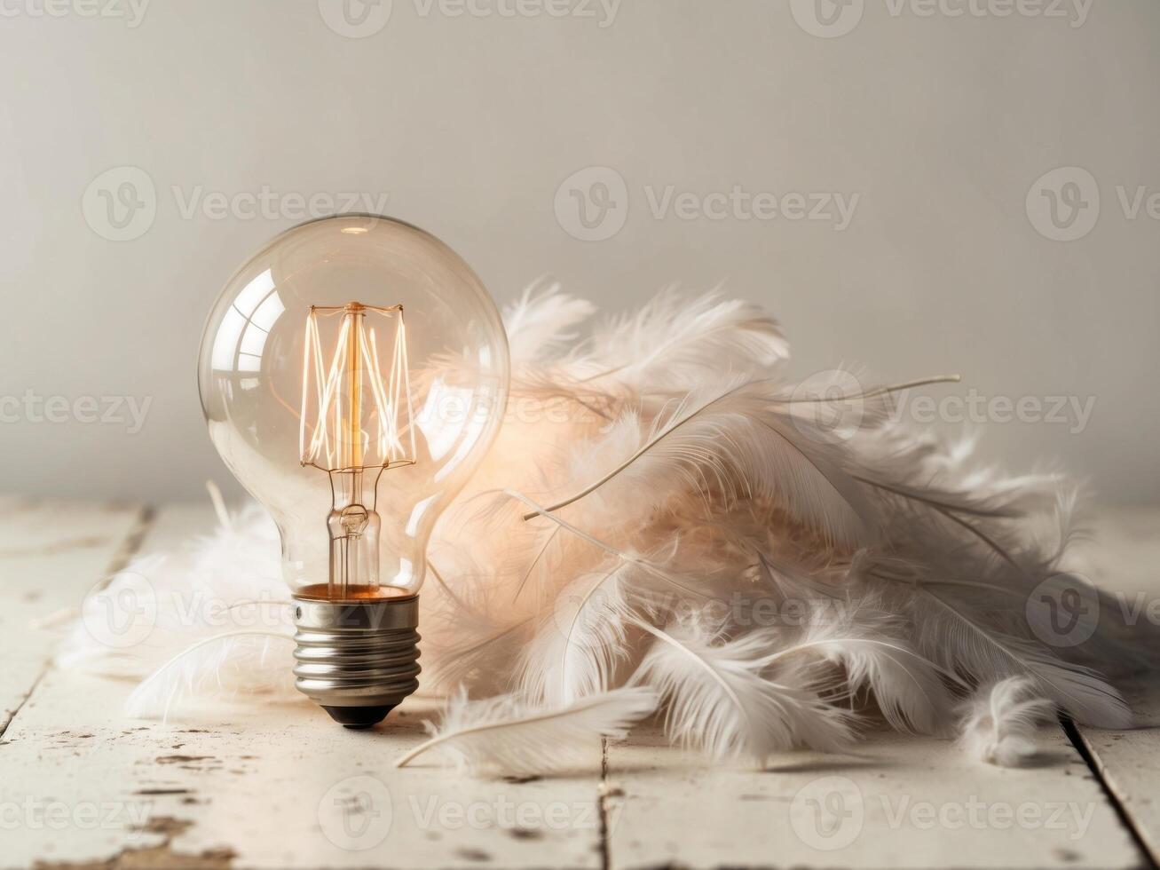 A light bulb with feathers on a wooden table photo