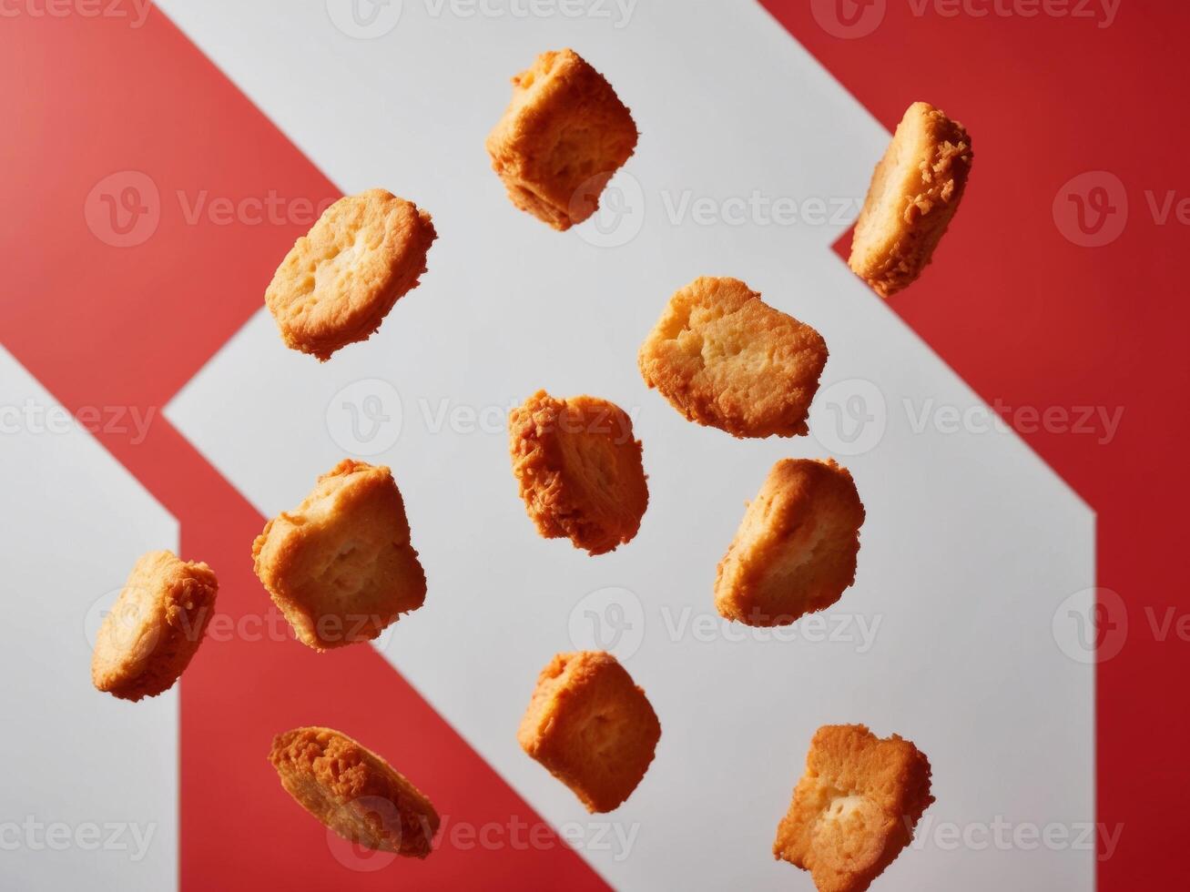 A group of fried chicken nuggets falling from the sky photo
