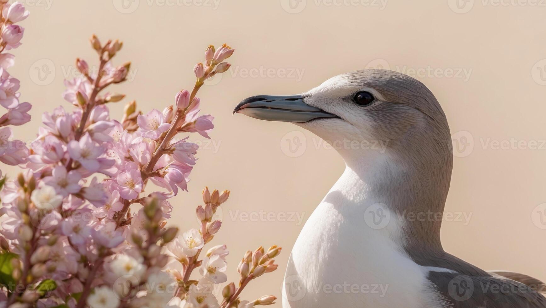 A bird is standing next to some flowers photo