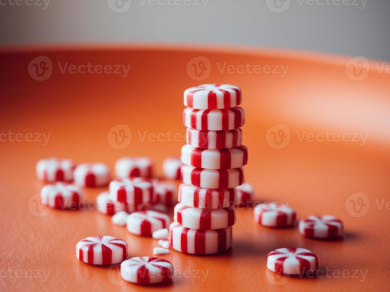 A stack of red and white candy canes on an orange plate photo