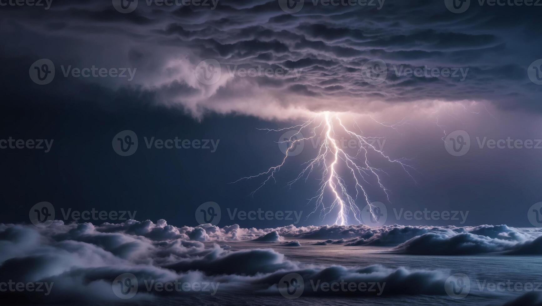 A lightning bolt is seen through the clouds photo