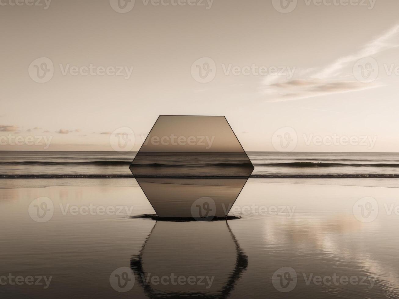 A black and white photo of a hexagon on the beach
