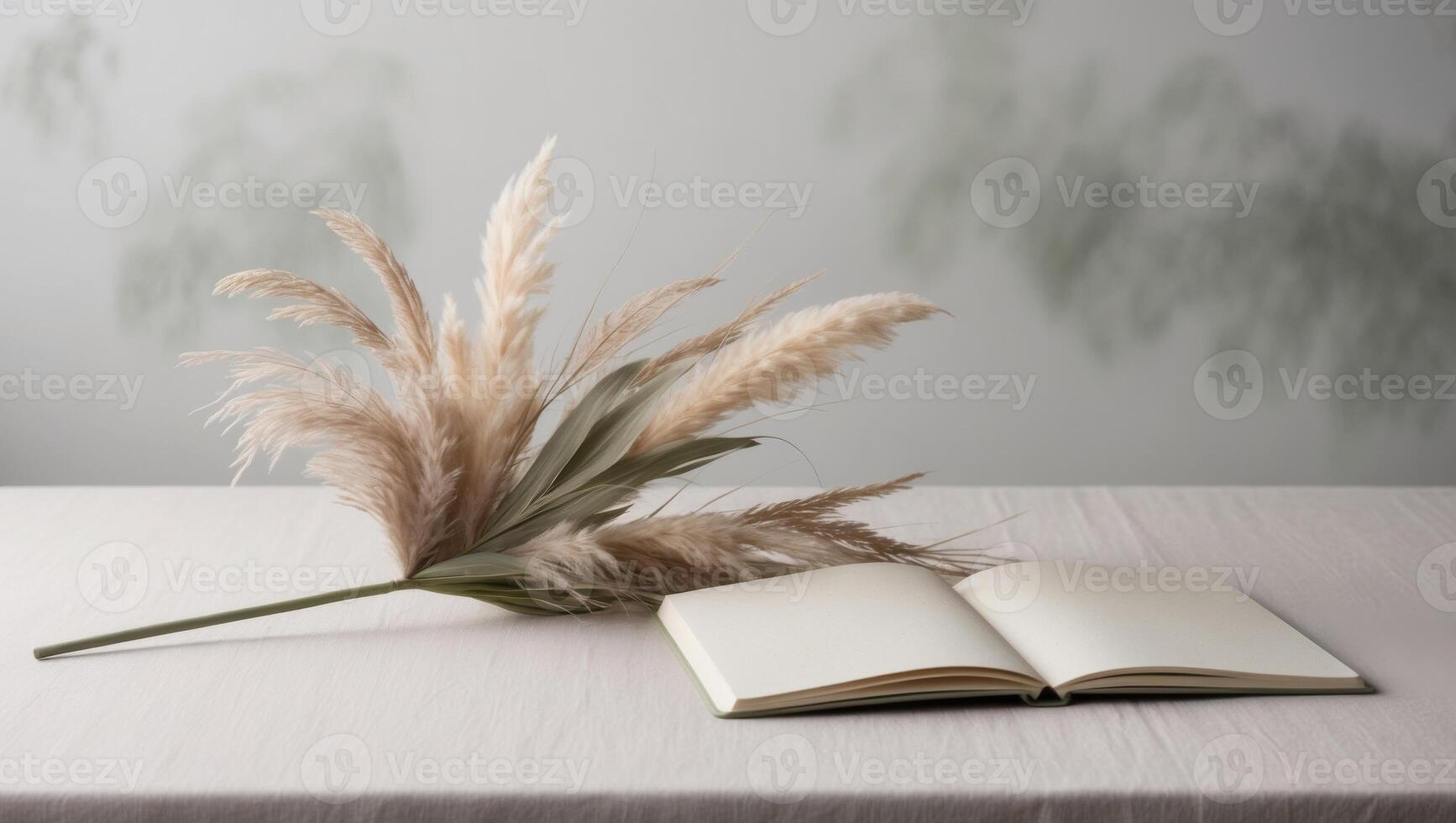 Pampas grass and open book on table photo