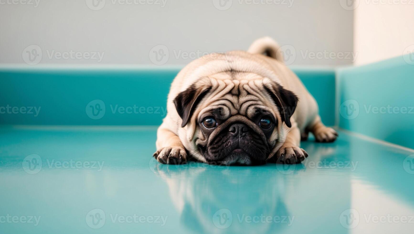 A pug dog laying on a blue floor photo