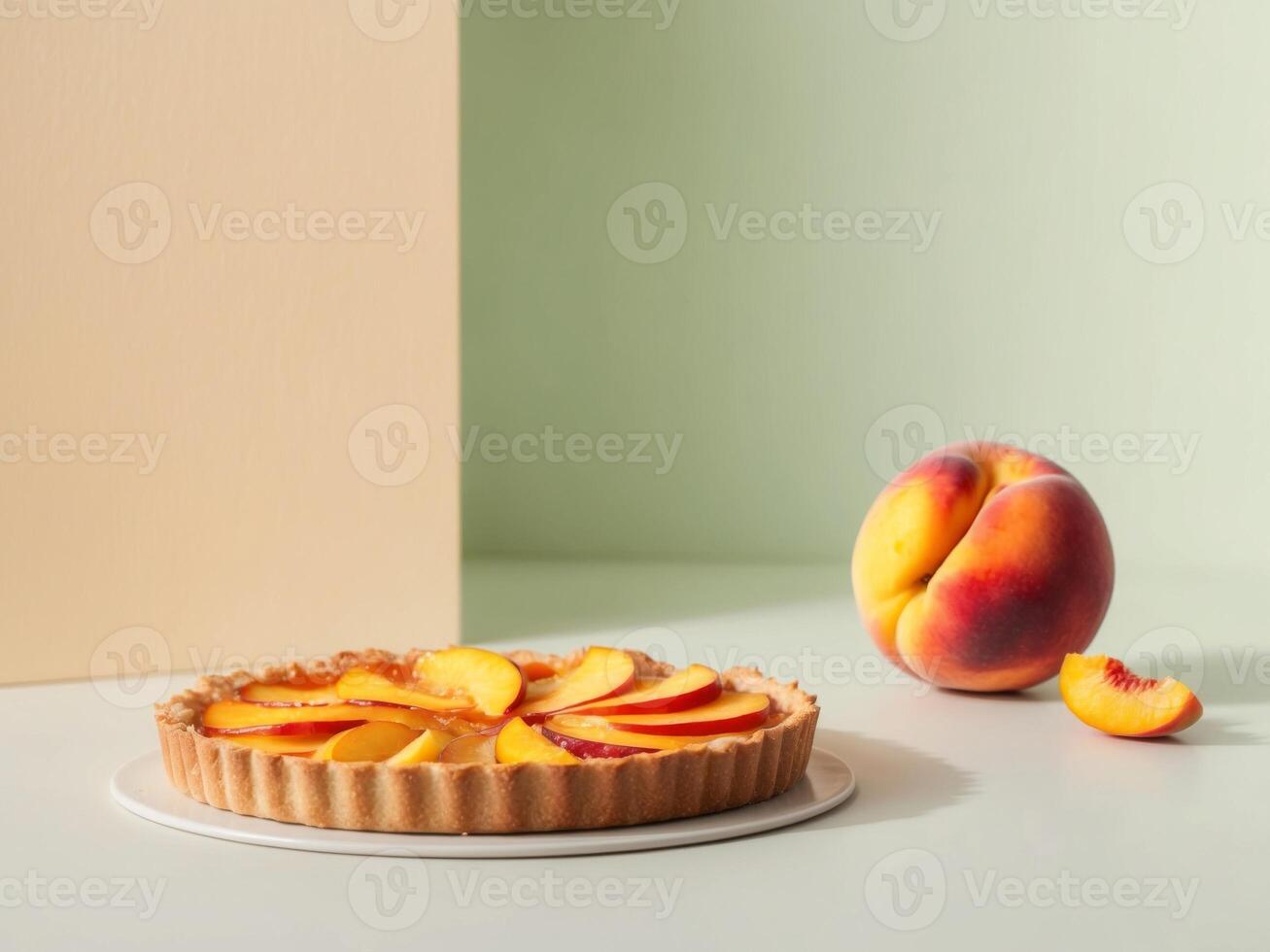 A peach tart on a white plate next to a peach photo