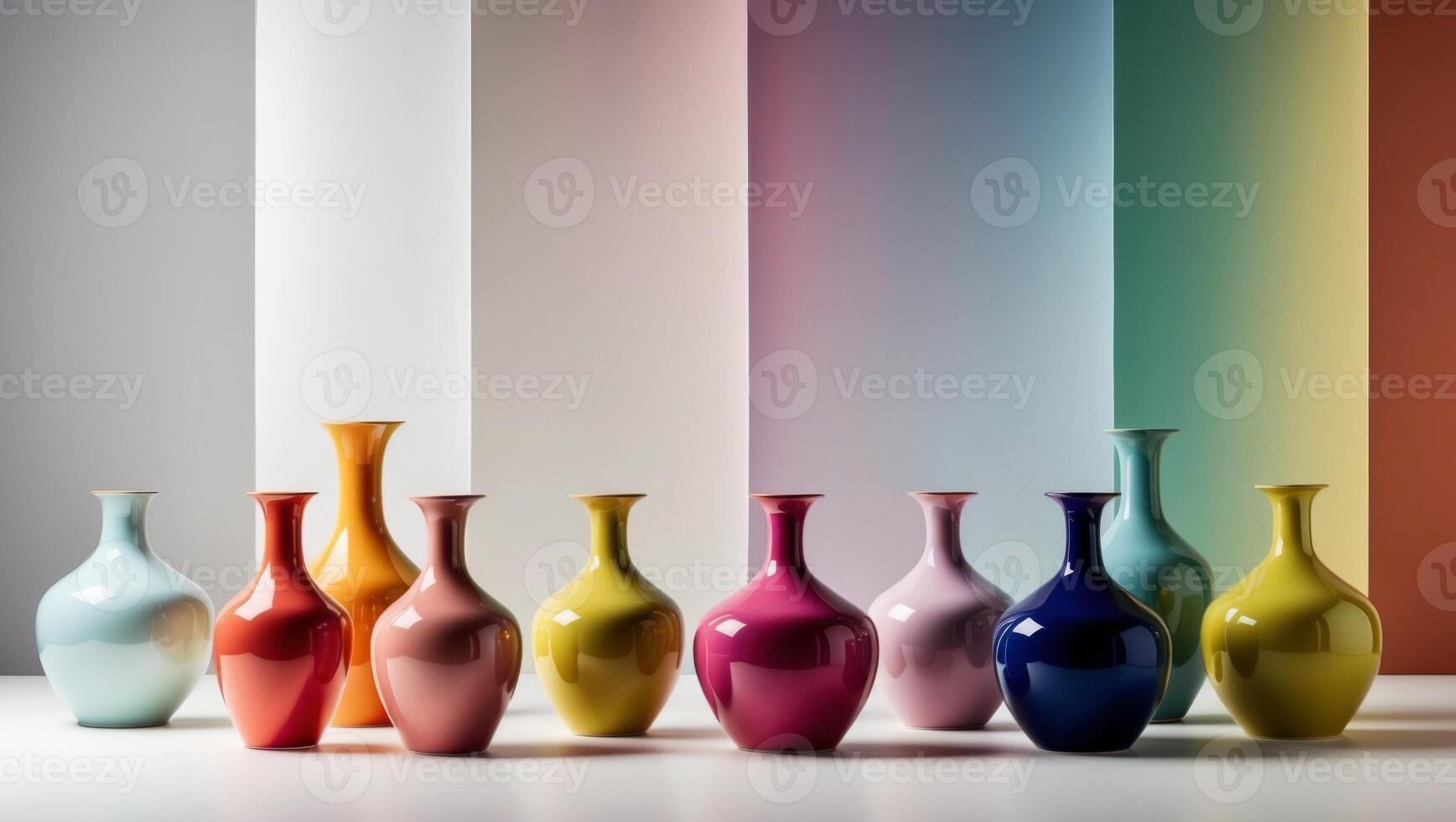 A row of colorful vases in front of a white wall photo