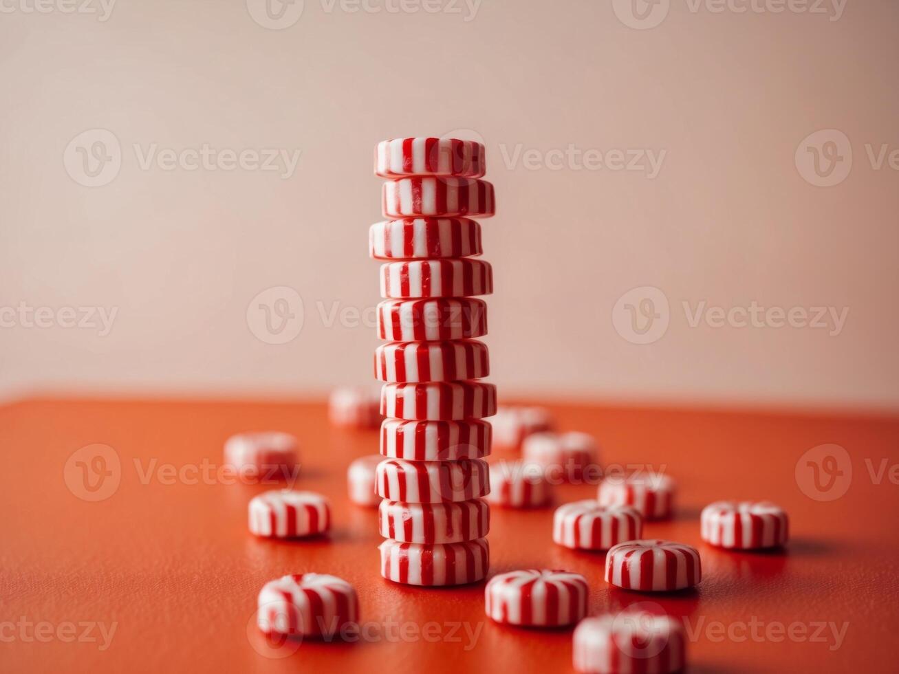 A stack of red and white candy on a table photo