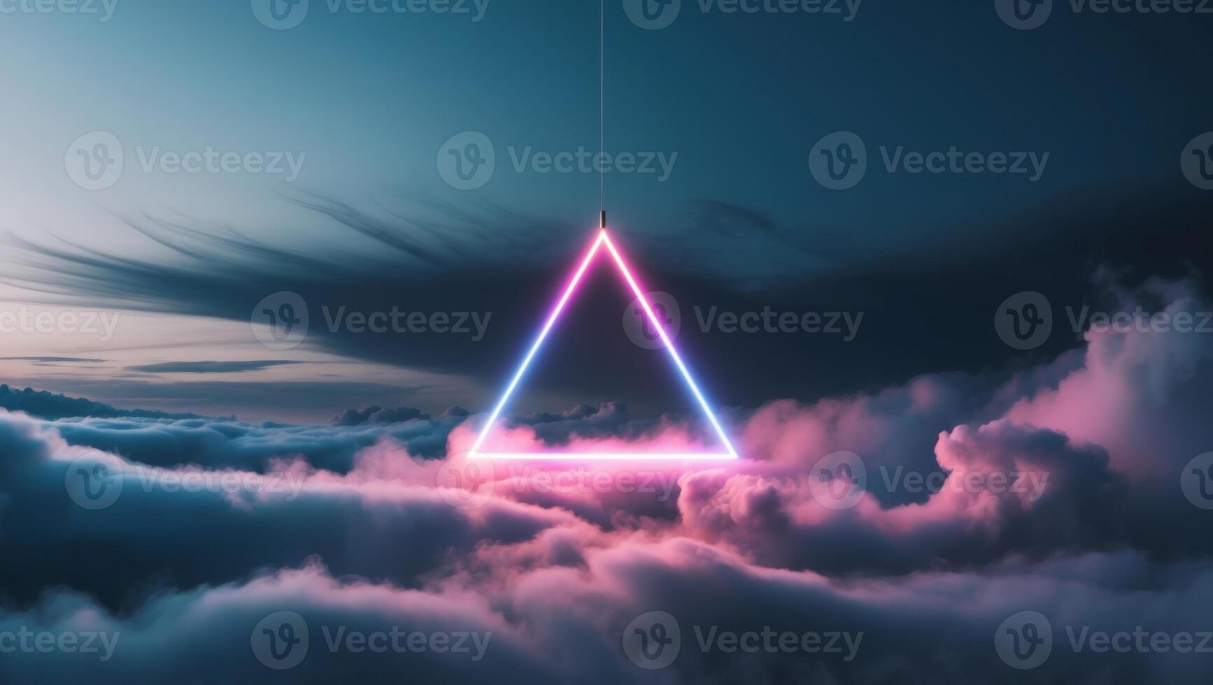 A neon triangle in the sky above clouds photo