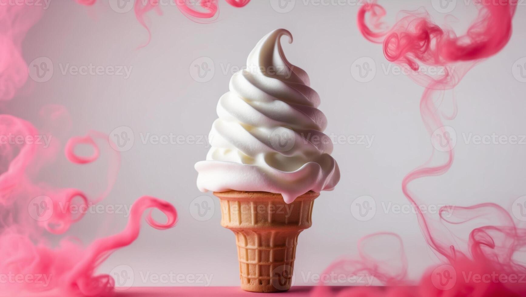 An ice cream cone with white frosting is surrounded by pink smoke photo