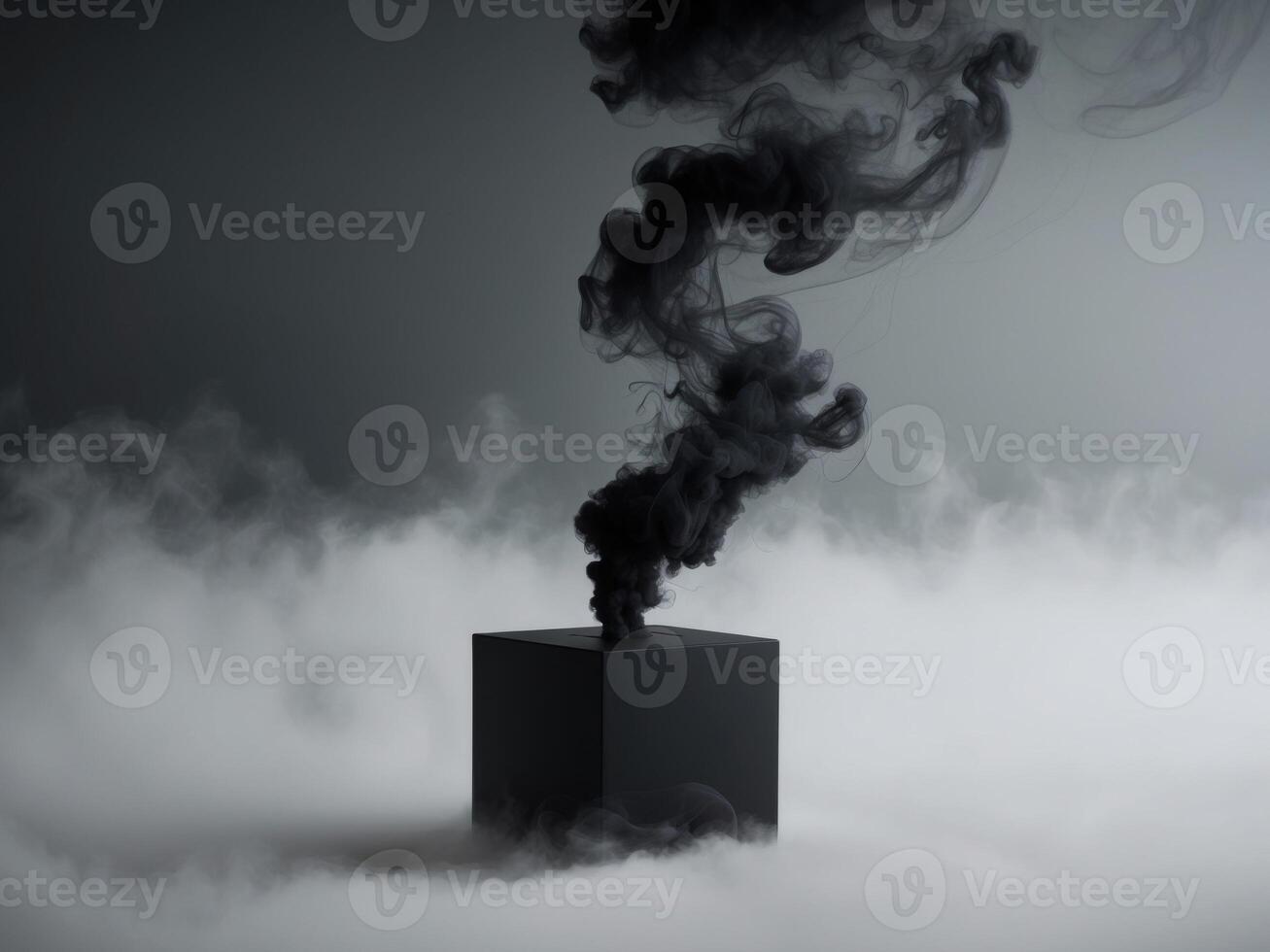Black smoke coming out of a cube on a gray background photo