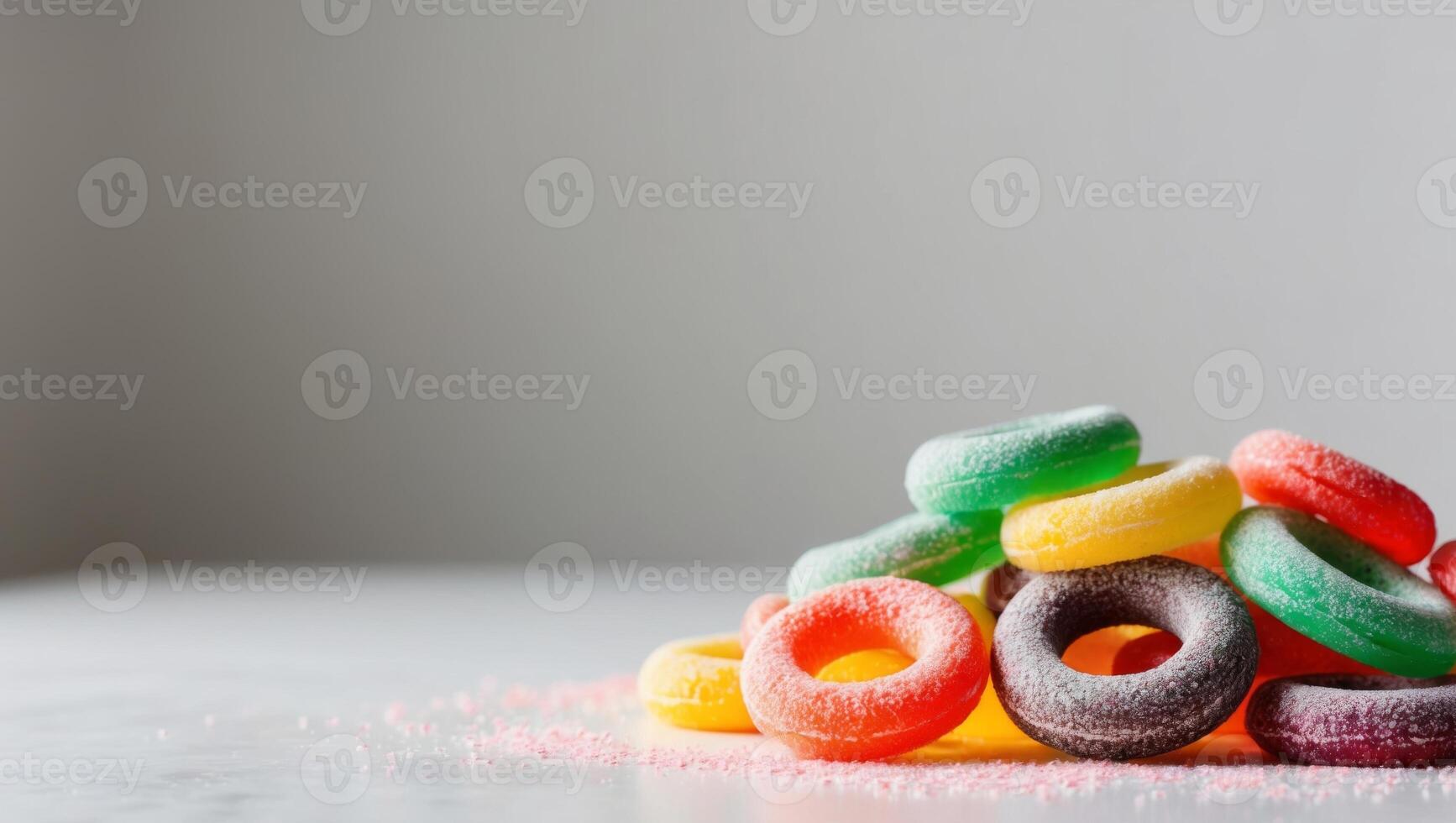A pile of colorful candy rings on a white surface photo