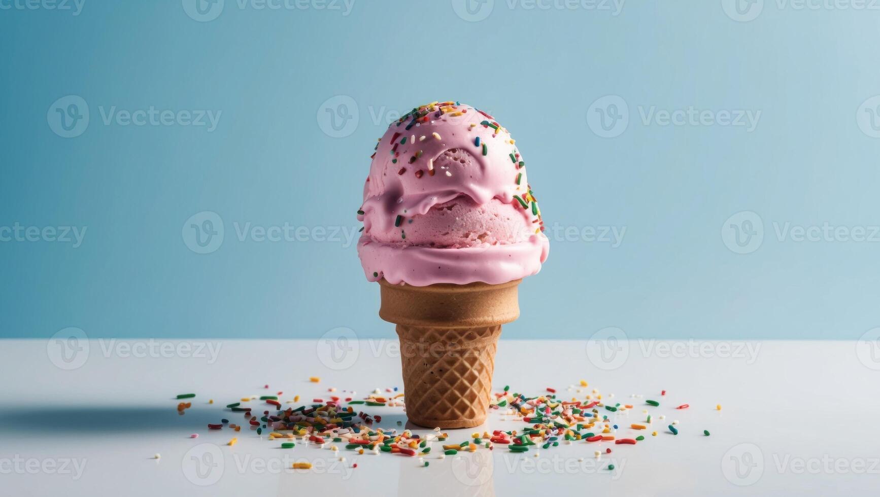 An ice cream cone with pink frosting and sprinkles photo