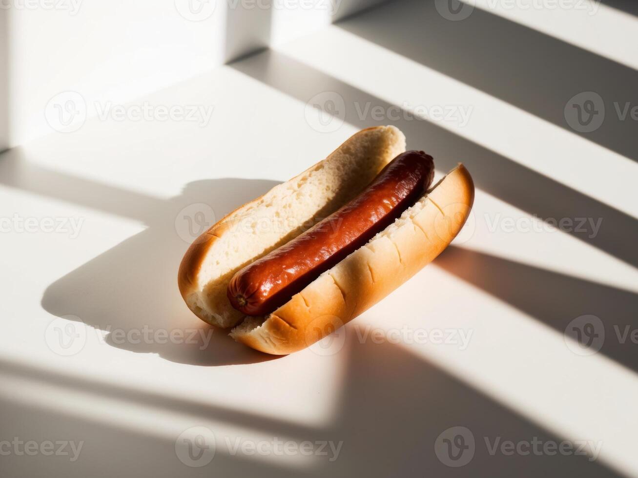 A hot dog on a white table with shadows photo
