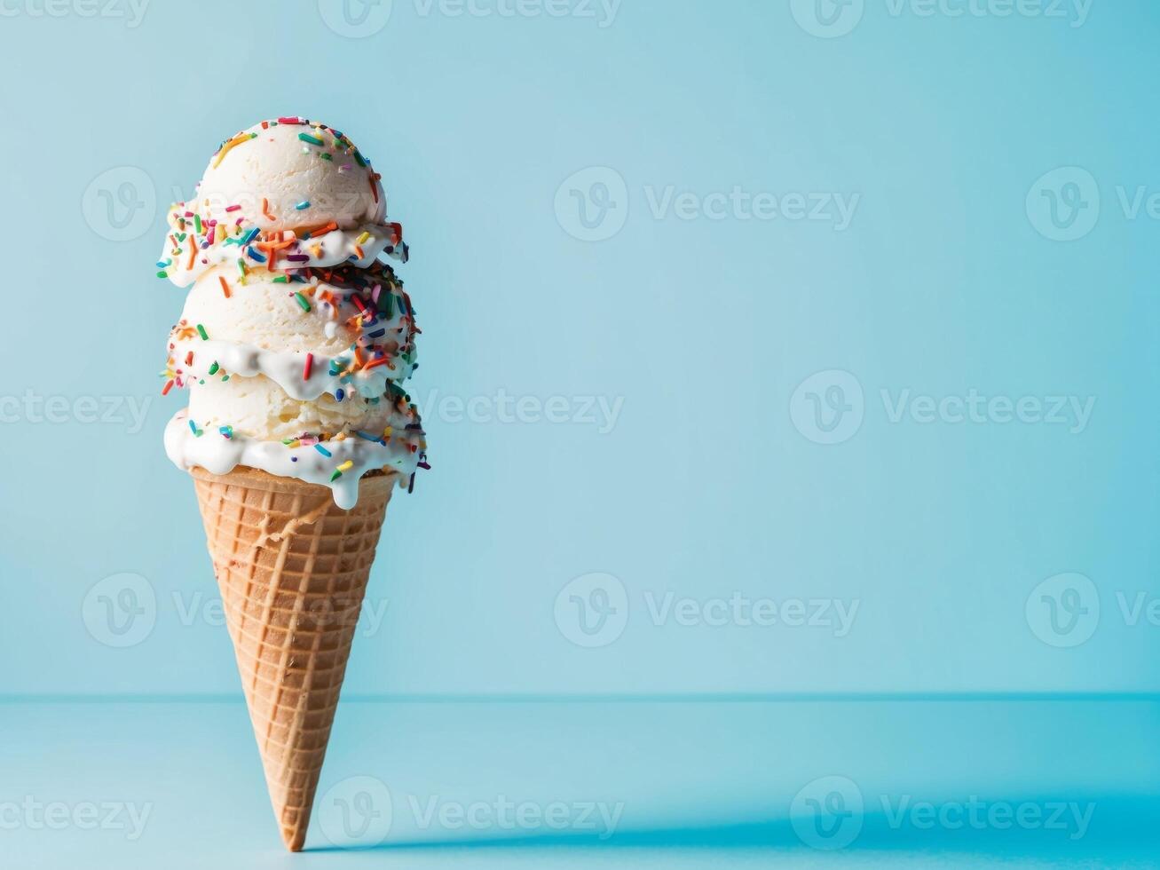 Ice cream cone with colorful sprinkles on blue background photo