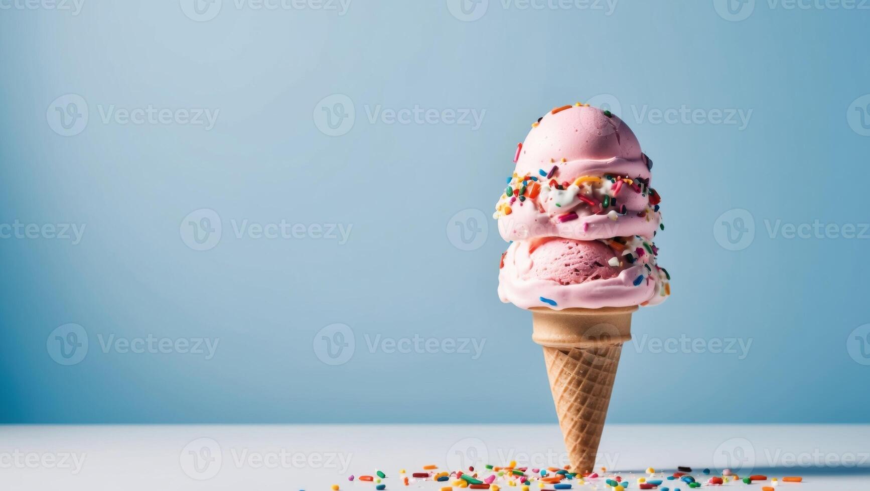Ice cream in a cone with sprinkles on a blue background photo