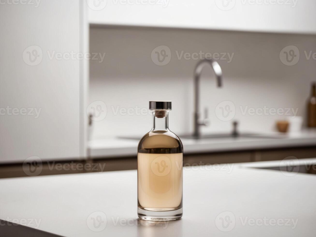 A bottle of liquid sitting on a counter in a kitchen photo