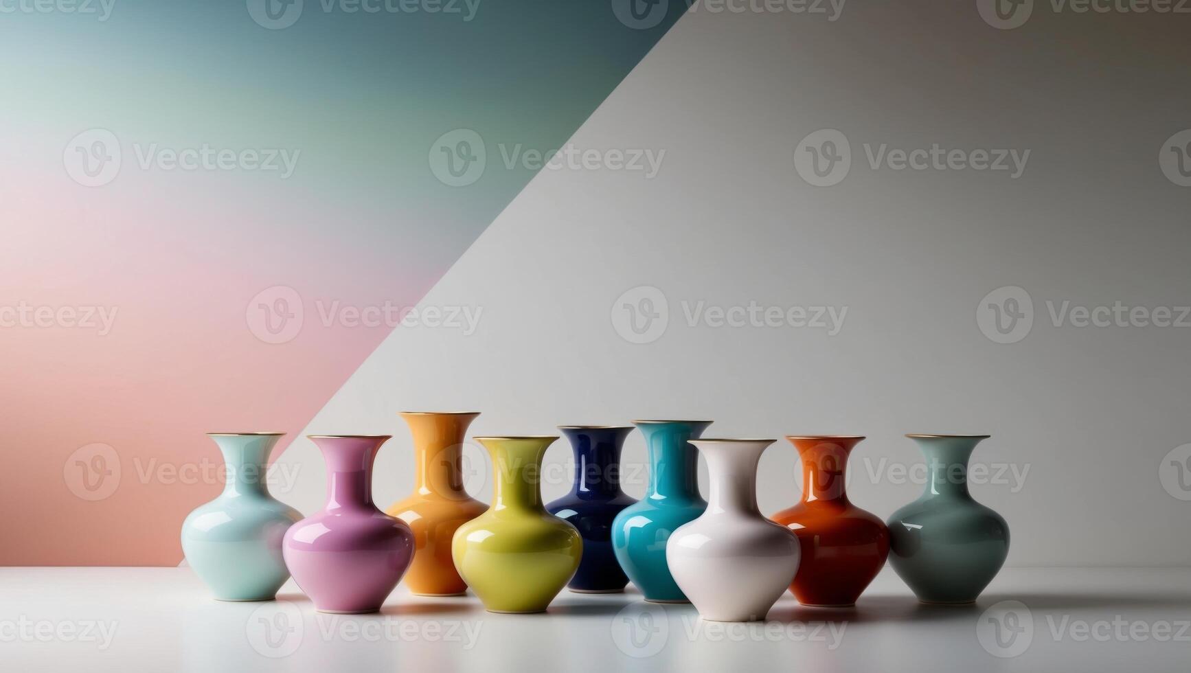 A row of colorful vases sit on a table photo