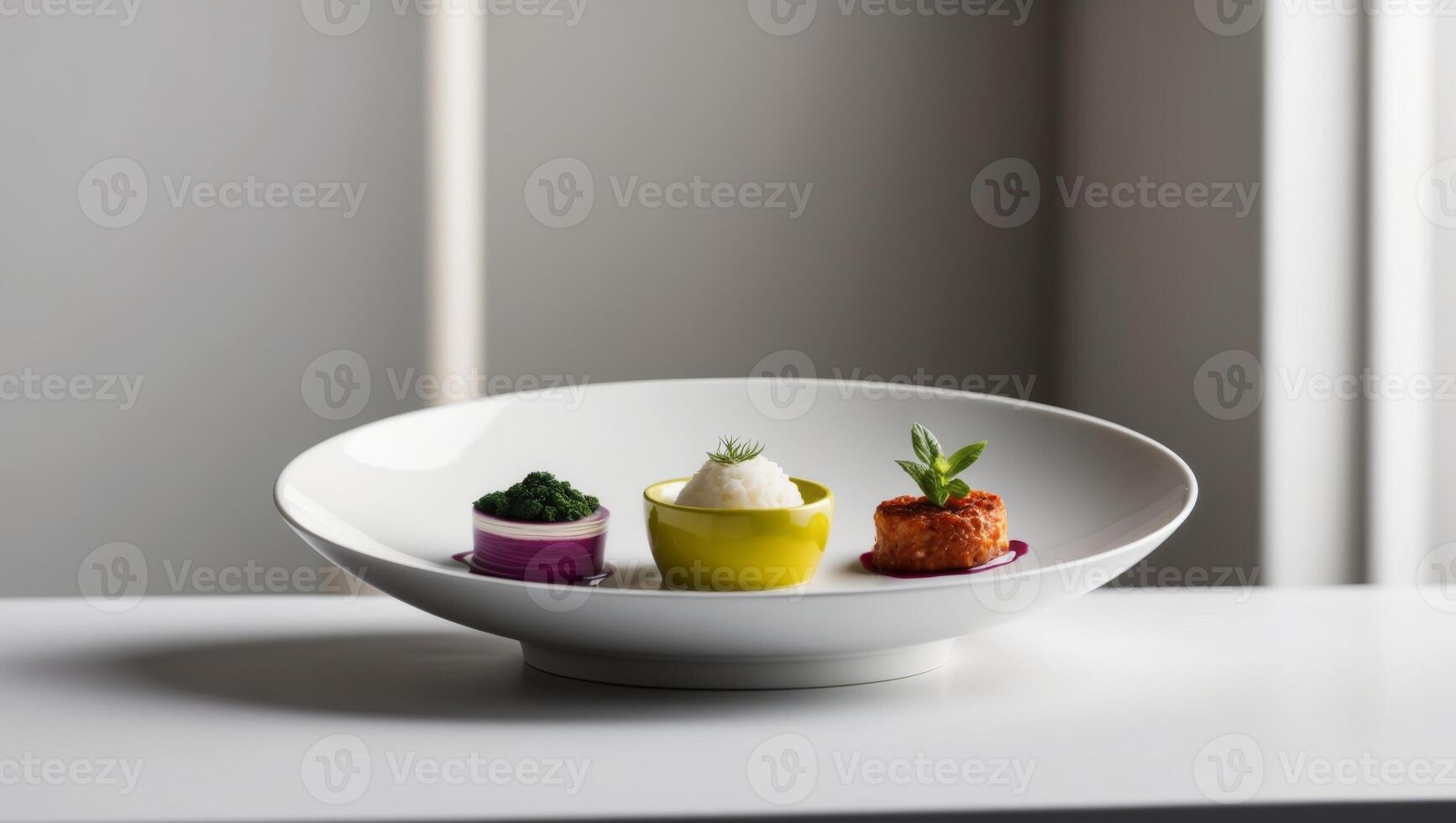 A white plate with three different types of food photo