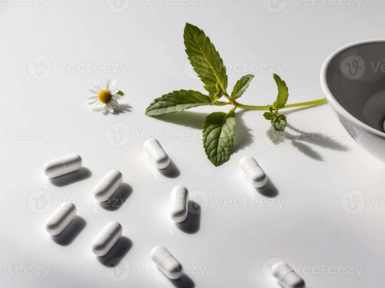 White pills and a cup of tea on a white surface photo