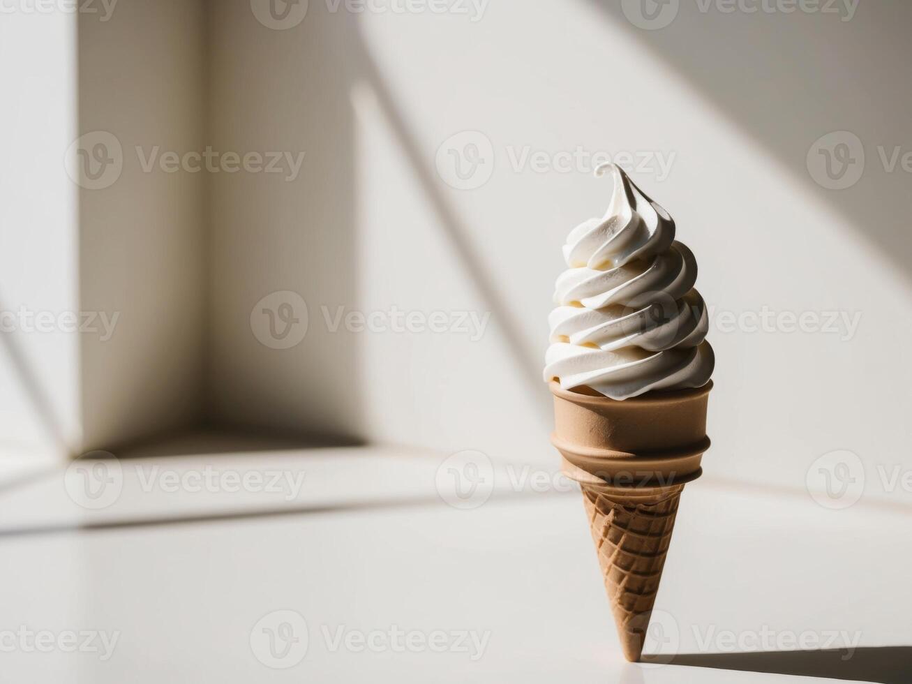 An ice cream cone is shown in front of a window photo