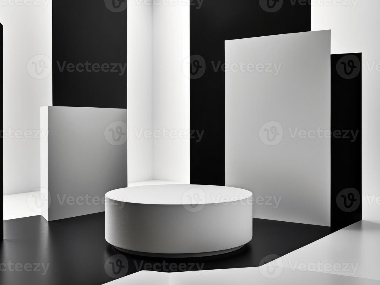 A black and white room with a white table photo