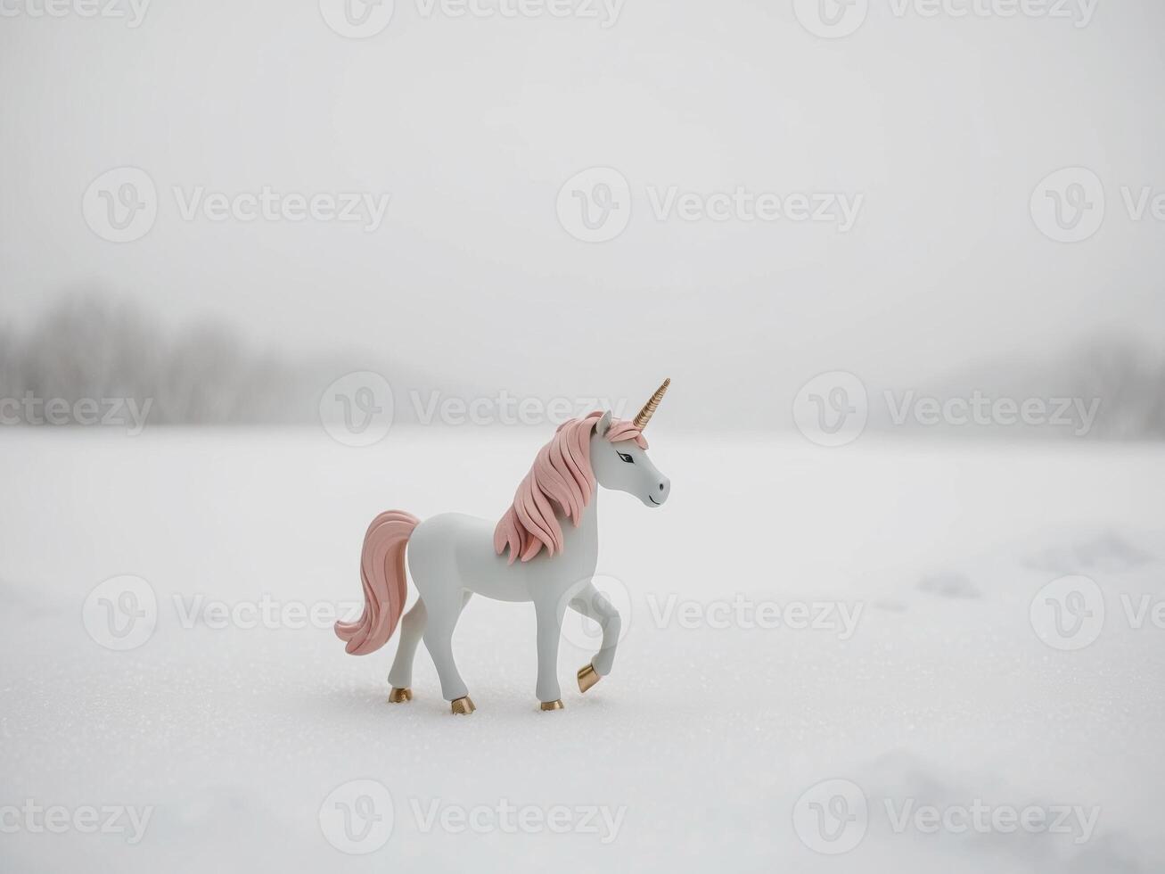 A toy unicorn is standing in the snow photo