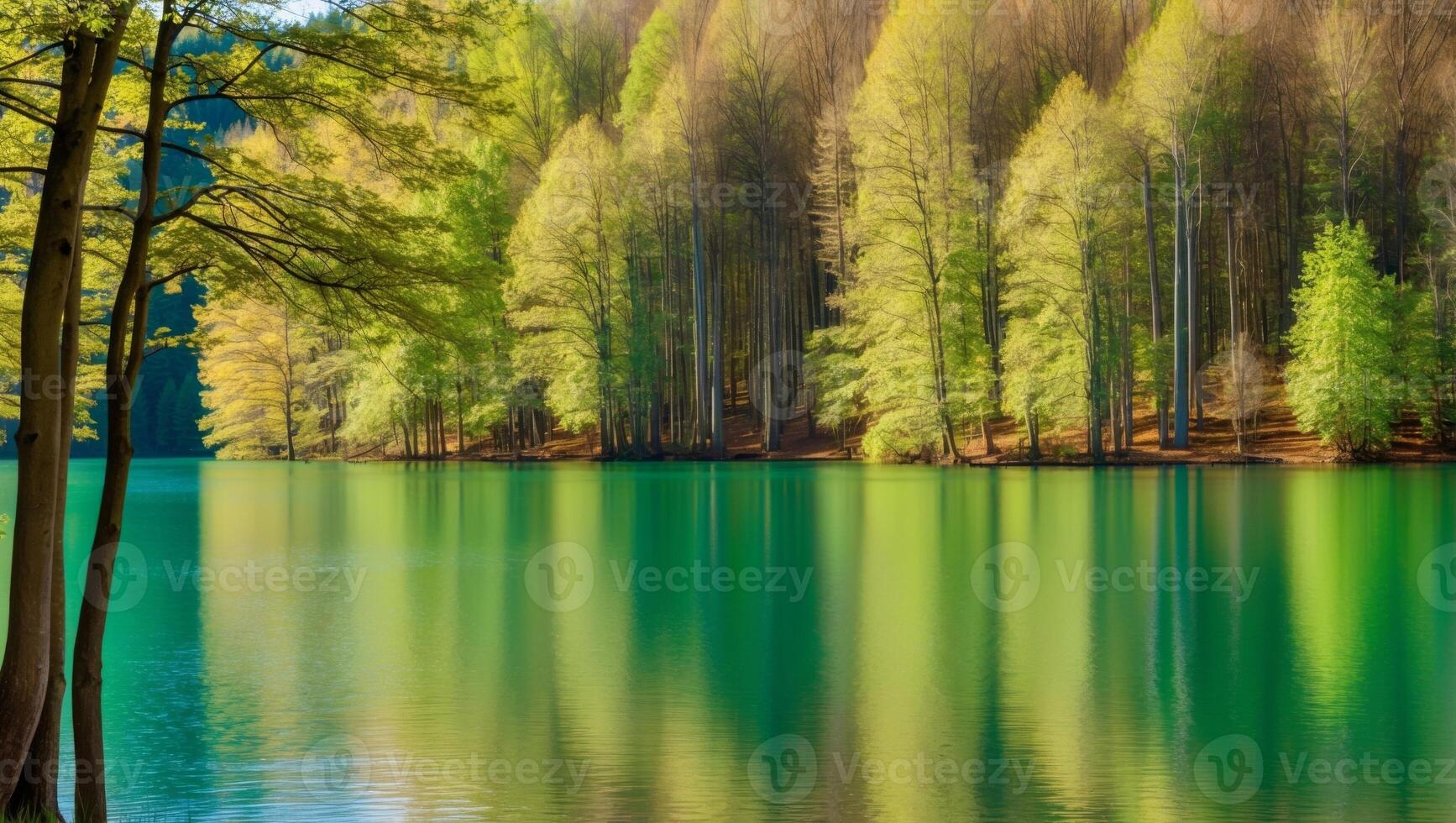 A lake surrounded by trees and green water photo