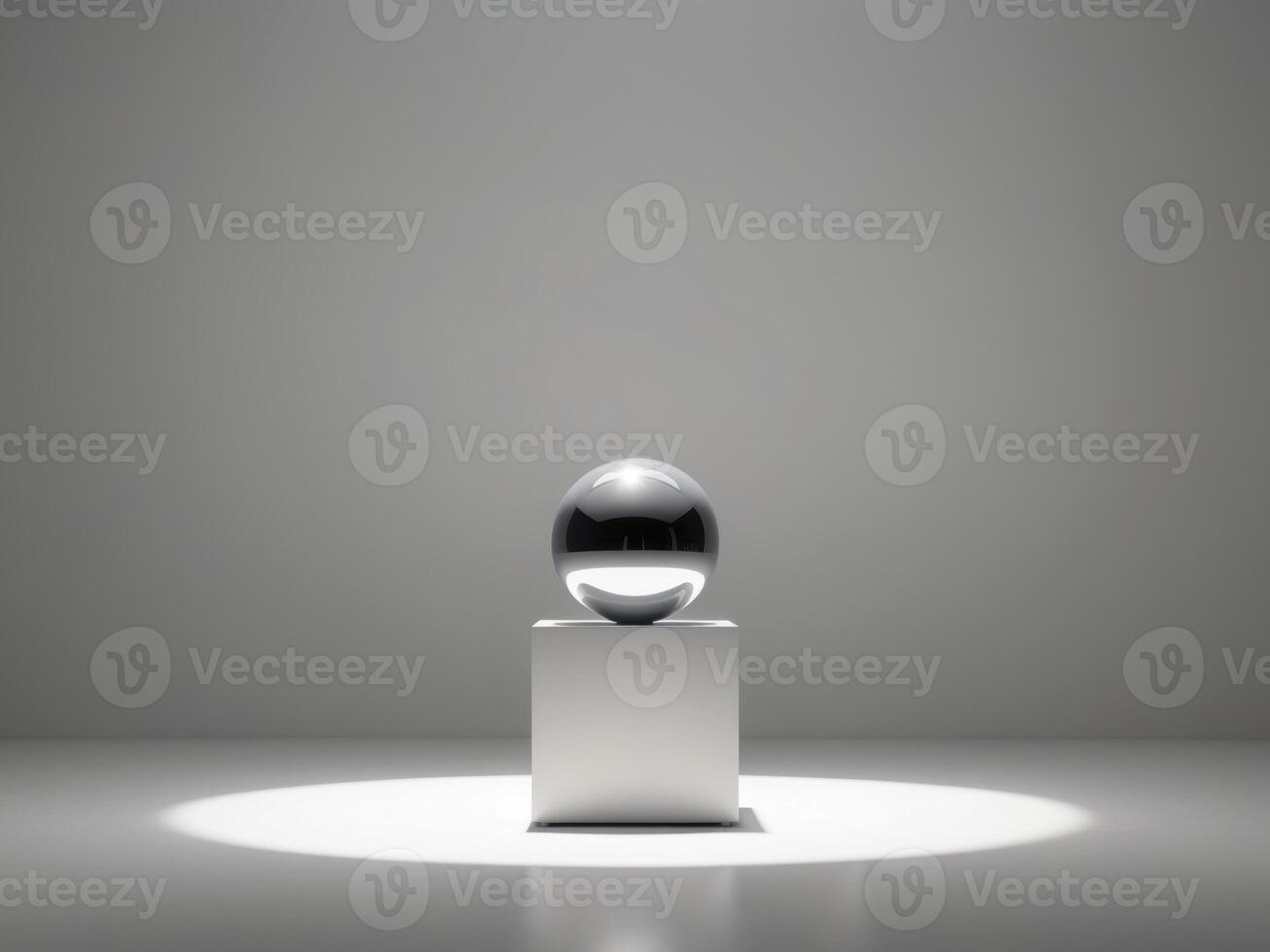 A silver sphere on a white pedestal in front of a light photo