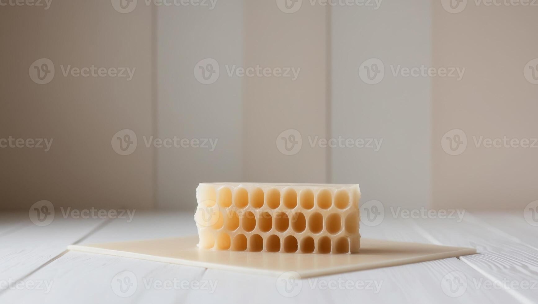 A piece of honeycomb on a wooden table photo
