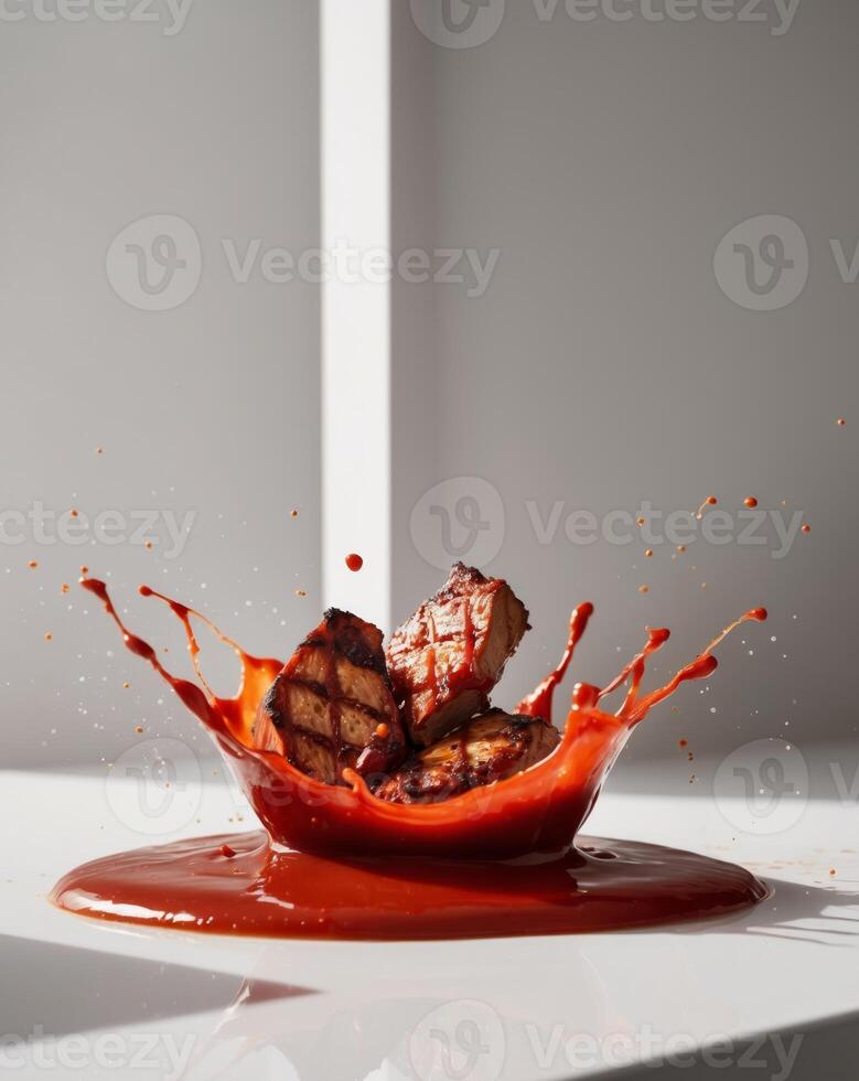 A piece of meat being splashed with red sauce photo