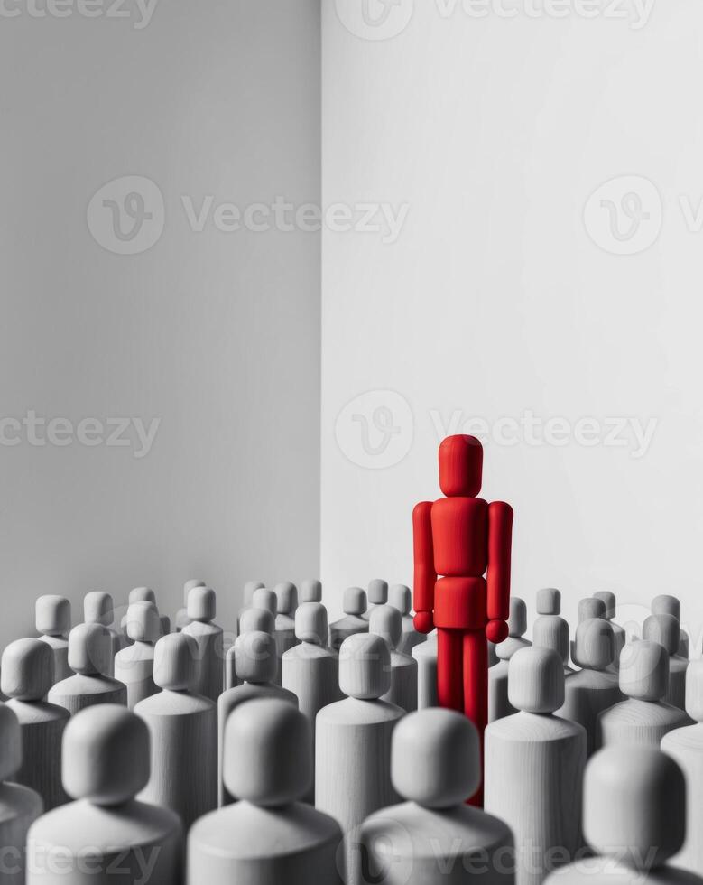 A red man stands out from a crowd of people photo