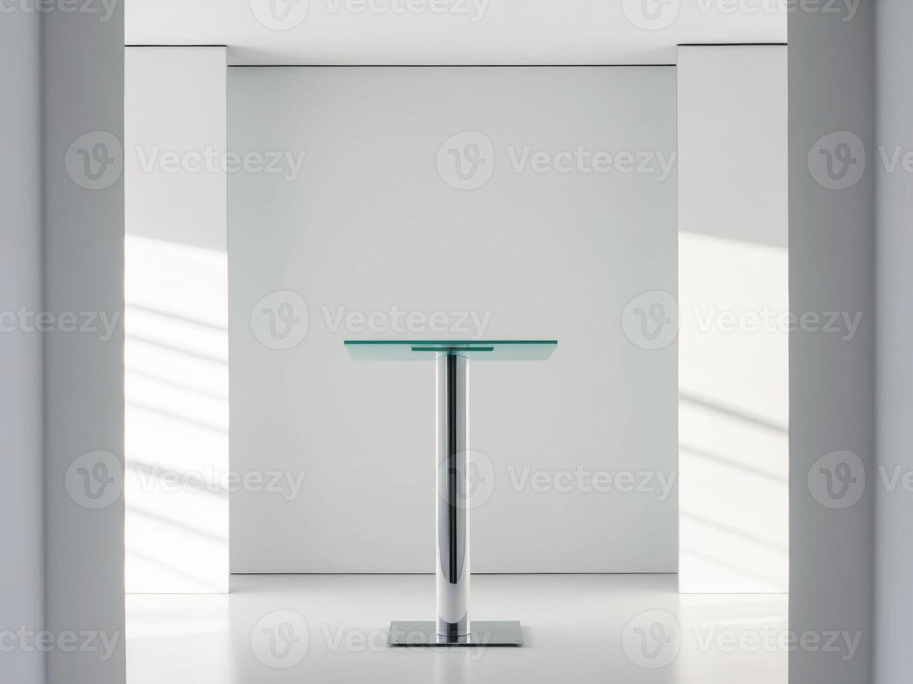 A glass table in a white room with a light shining on it photo