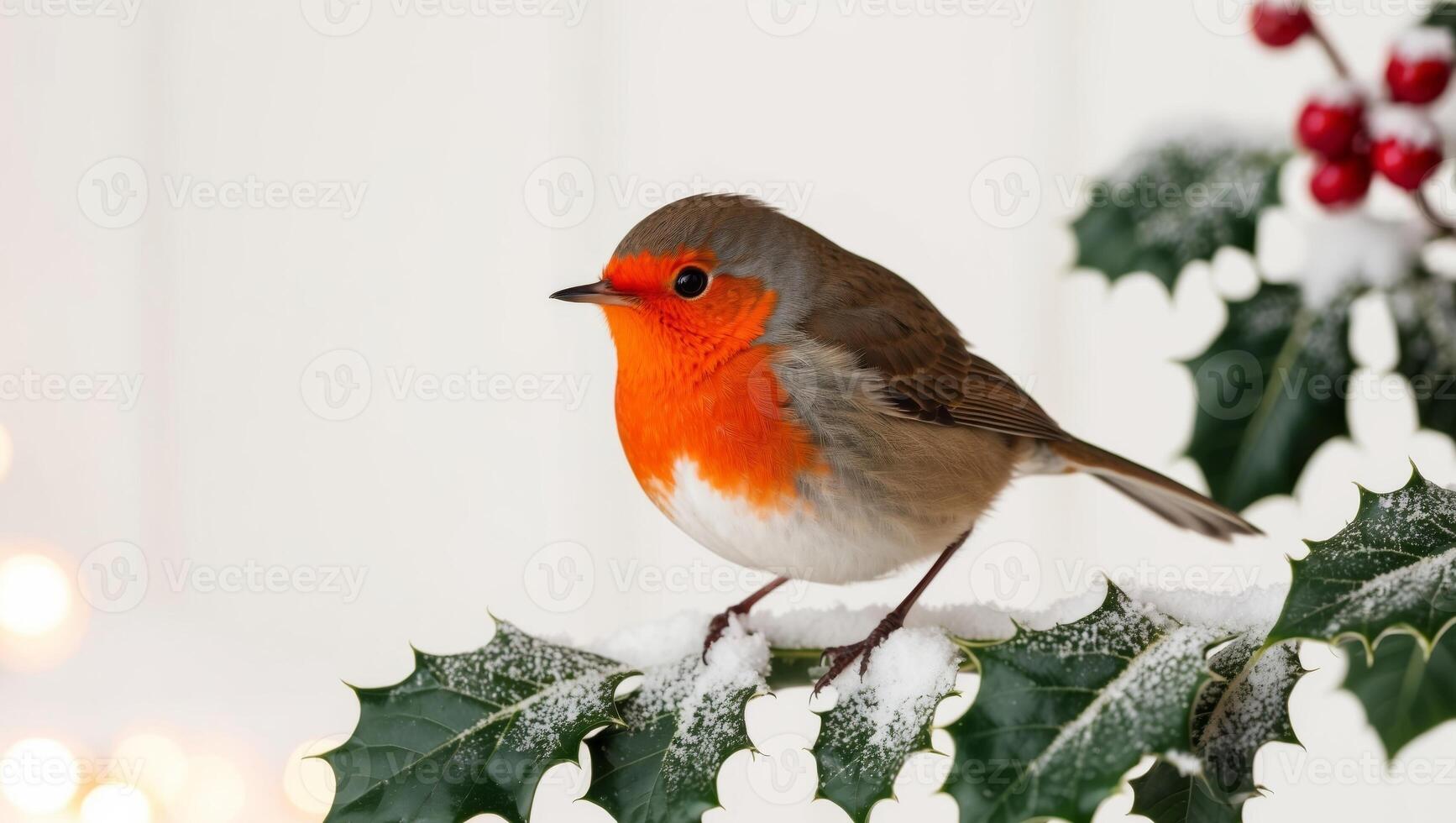 A robin is perched on a branch with holly leaves photo