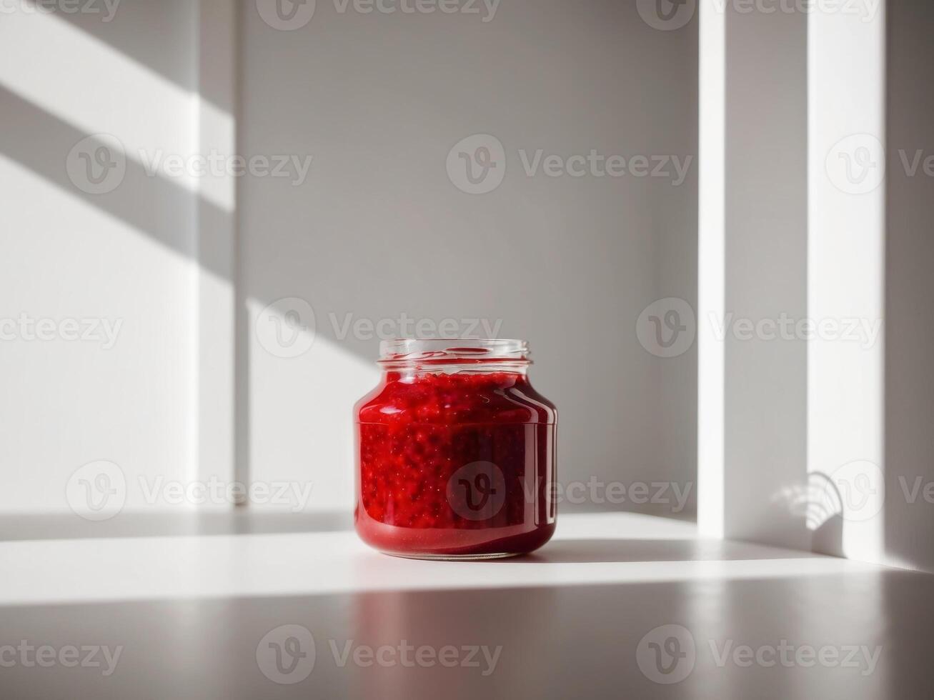 A jar of raspberry jam on a table photo