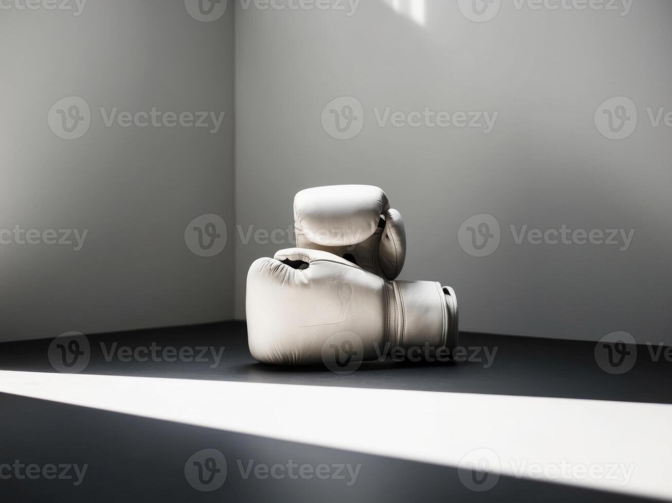 A pair of boxing gloves sit on a white floor photo