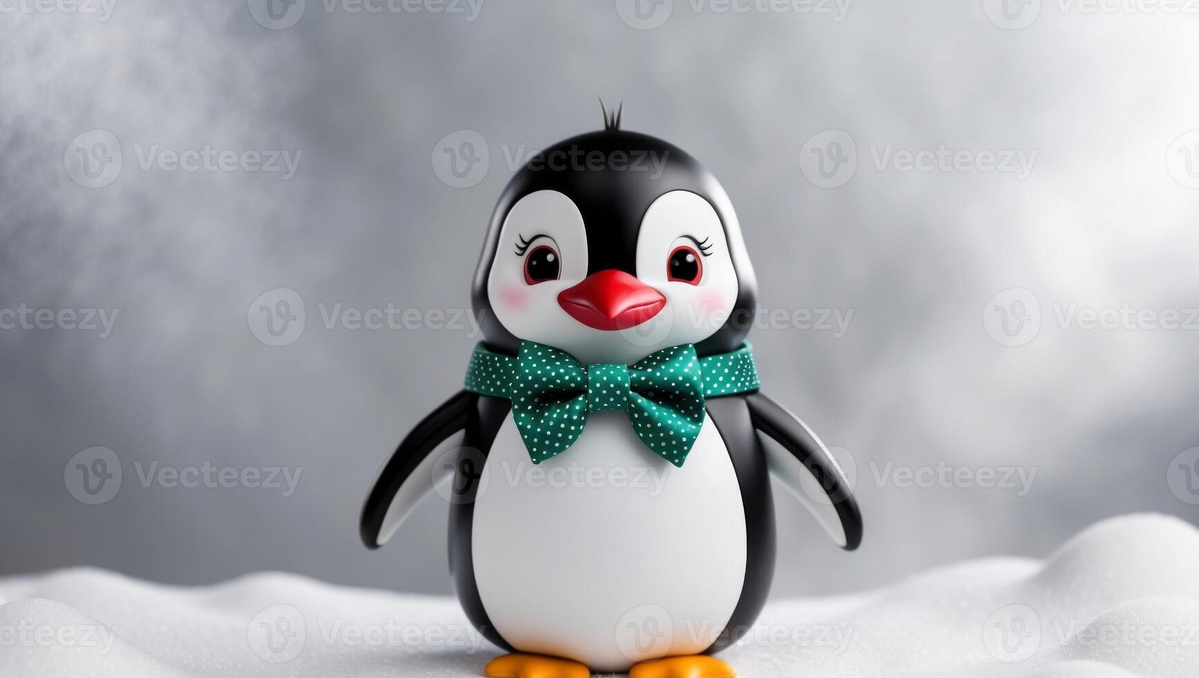 A penguin toy with a green bow tie photo