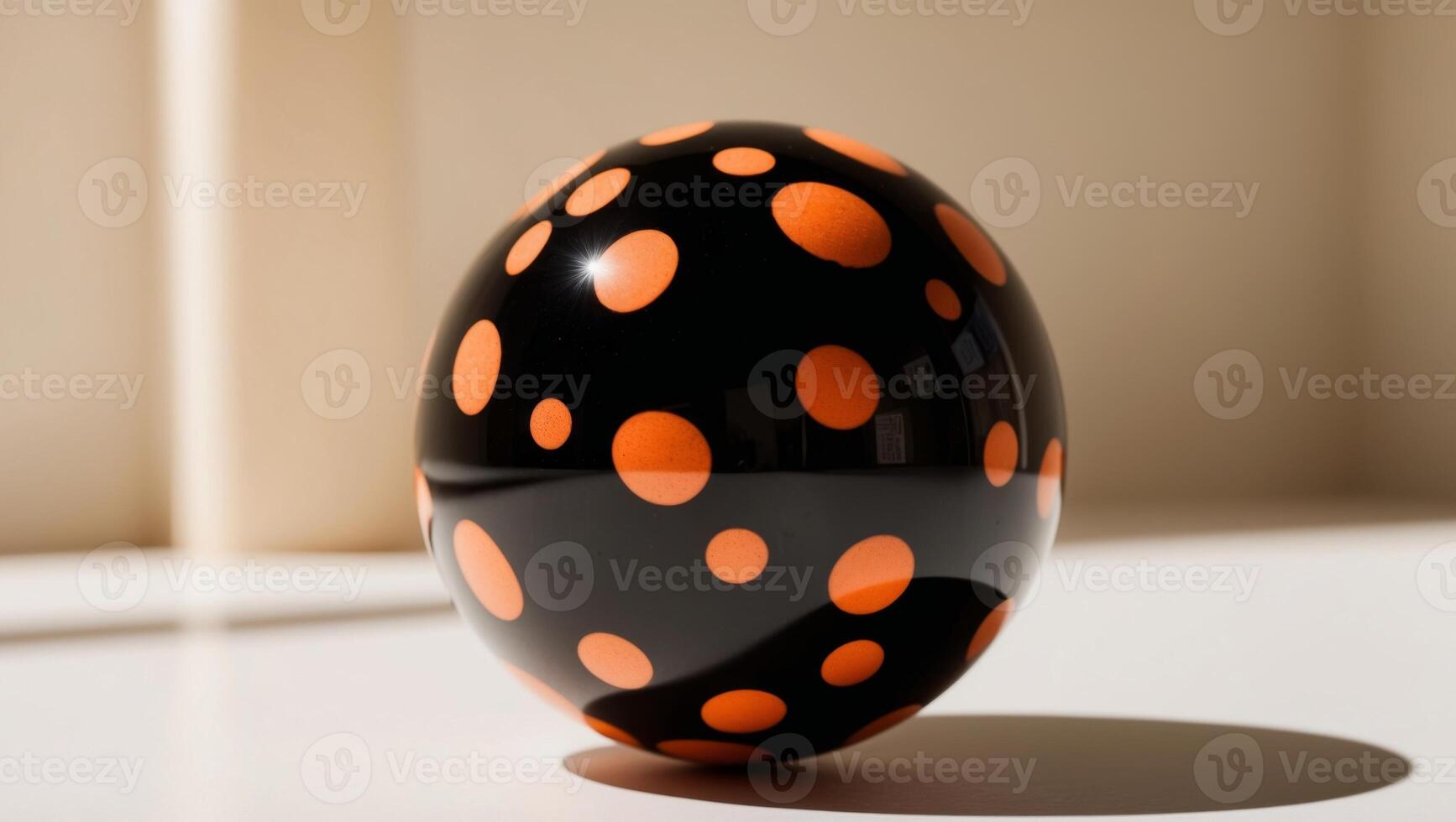 A black and orange polka dot egg sitting on a table photo