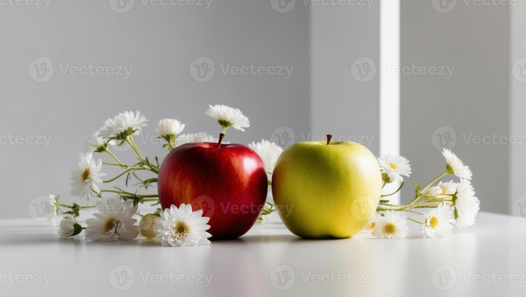Two apples and daisies on a table photo