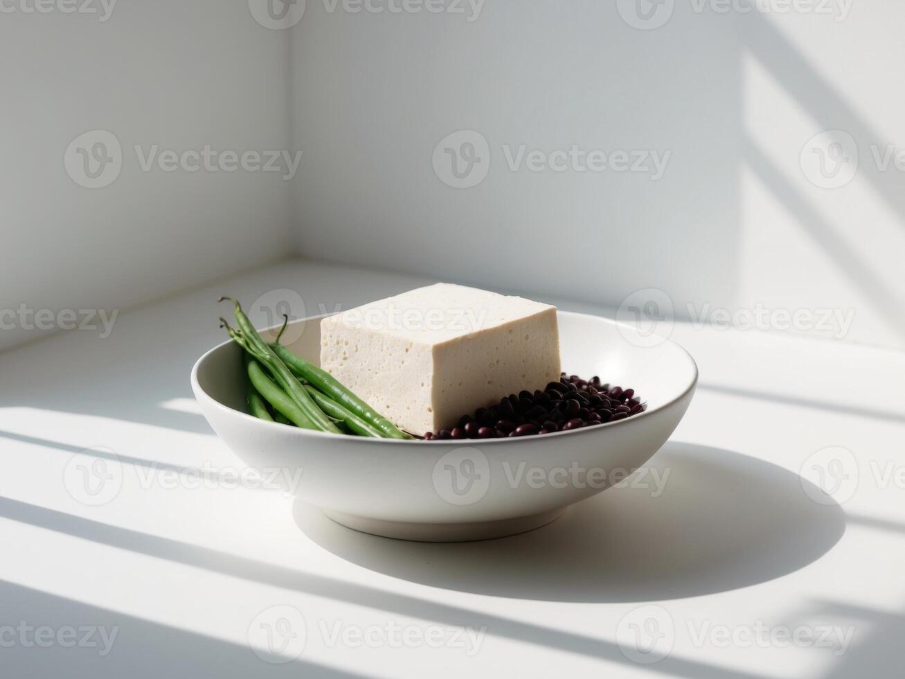 A bowl of tofu and green beans on a table photo