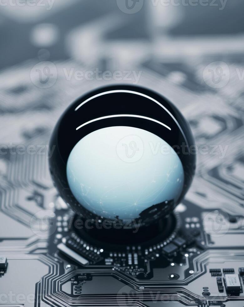 A black and white ball on top of a circuit board photo
