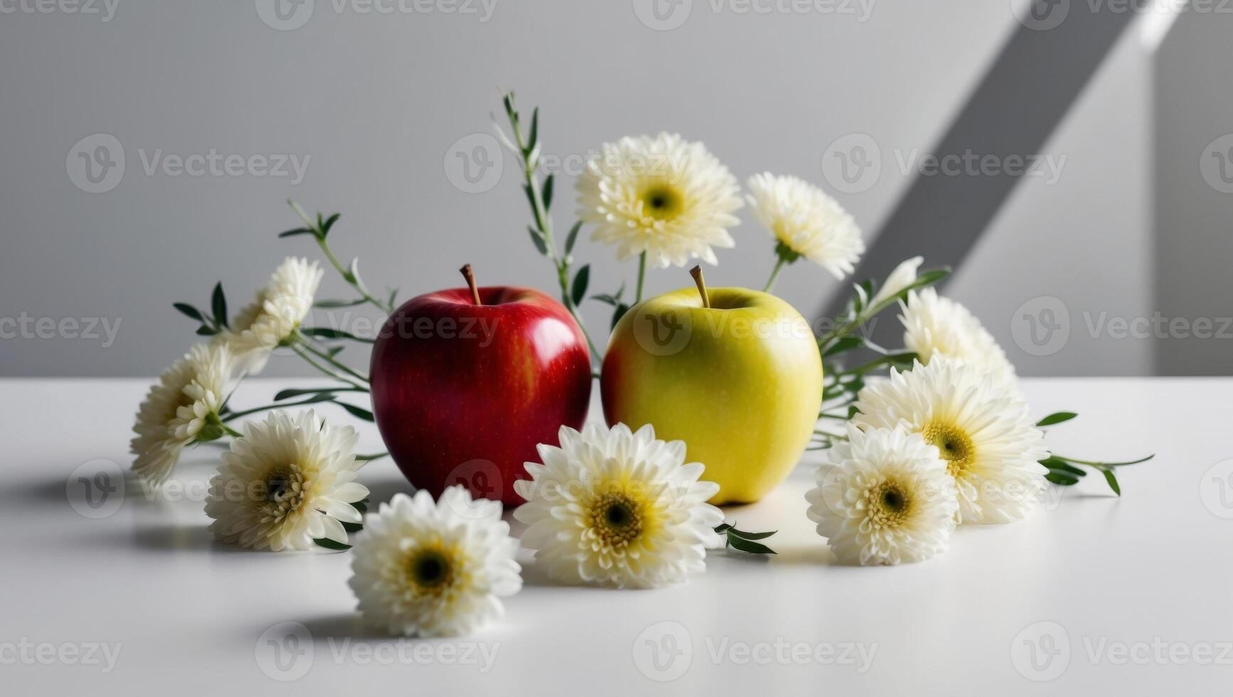 Two apples and flowers on a table photo